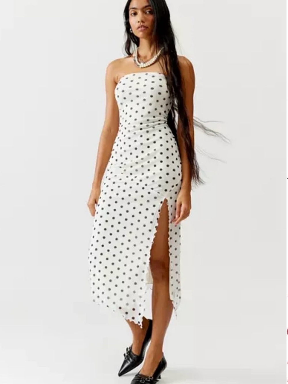 Strapless White Polka Dot Midi Dress with Side Slit